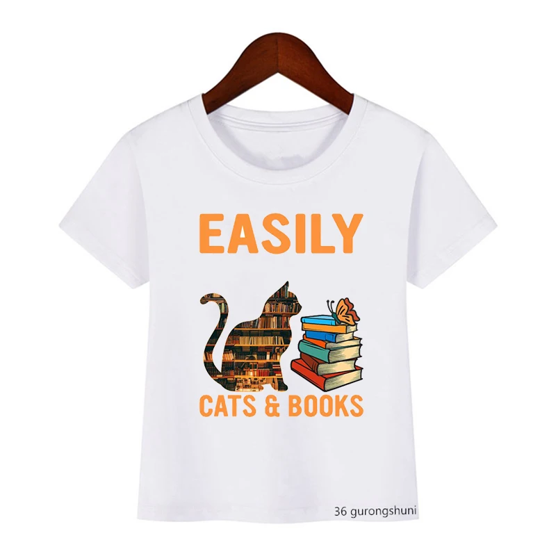 

Funny children's t-shirts for cat lovers Easily Distracted by Cats and Books Book Reading universal t-shirts for boys/girls