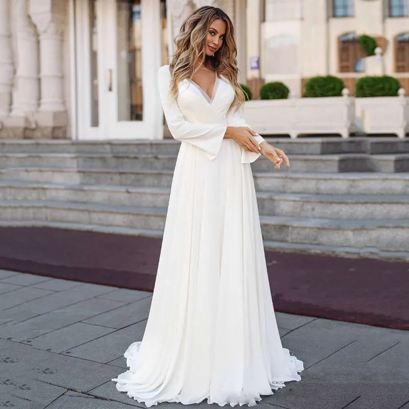 

Elegant Ivory Long Sleeve Wedding Dresses Chiffon Lace Beach Bride Dress A Line Cheap Wedding Gowns Vintage V Neck Casamento