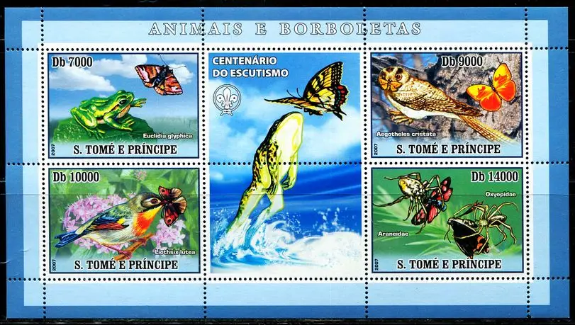 DJ0450,Sao Tome and Principe,2007,Bird and Butterfly Stamp,Animal Stamp,Stamp Collection,Souvenir Sheet,High Quaility