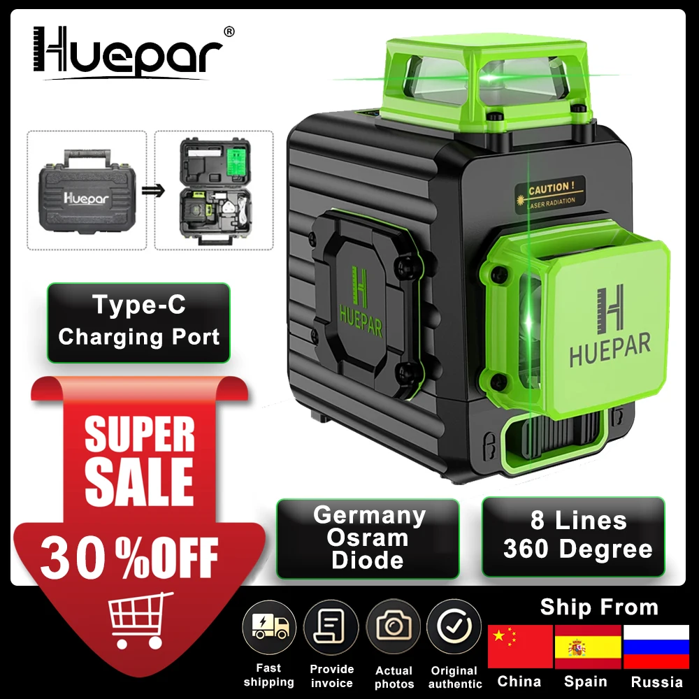 Huepar 2 x 360 Cross Line Self-leveling Laser Level Green Beam Li-ion Battery with Type-C Charging Port & Hard Carry Case