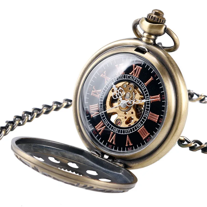 Steampunk Men Women Handwinding Mechanical Pocket Watch Half Hunter Skeleton Clock Roman Numeral Pendant Chain Collectable