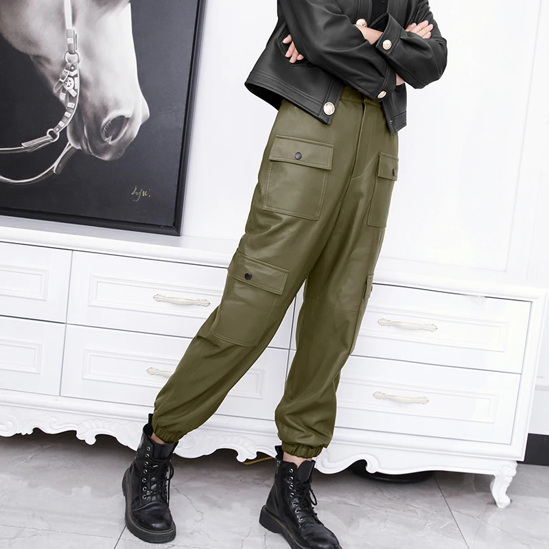 Genuine Leather Overalls Women Femme Elastic Waist Pants With Pockets Mujer Army Green Straight Leggings Novelty Harem Trousers