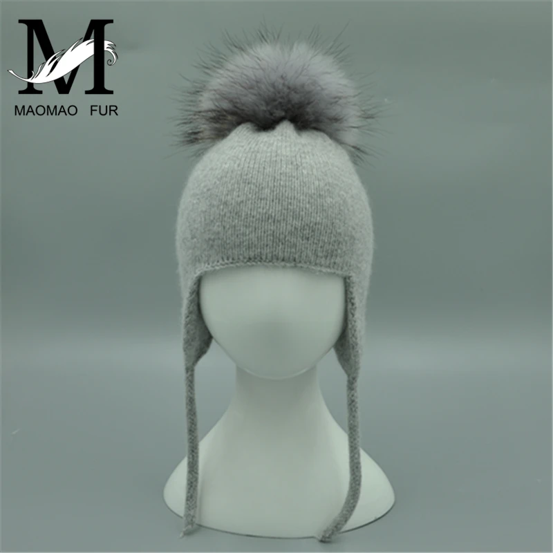 Kids Hat Children Cute Warm Beanies Protect The Ears Hats Winter Autumn Boys Girls Angora Knit Baby Hat Real Fur Ball Unisex Cap