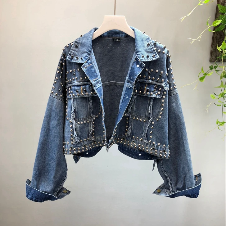 Spring Autumn Women's Harajuku Red Denim Jacket Hand Beaded Rivet Short Black Students Basic Jeans Coats Outfit