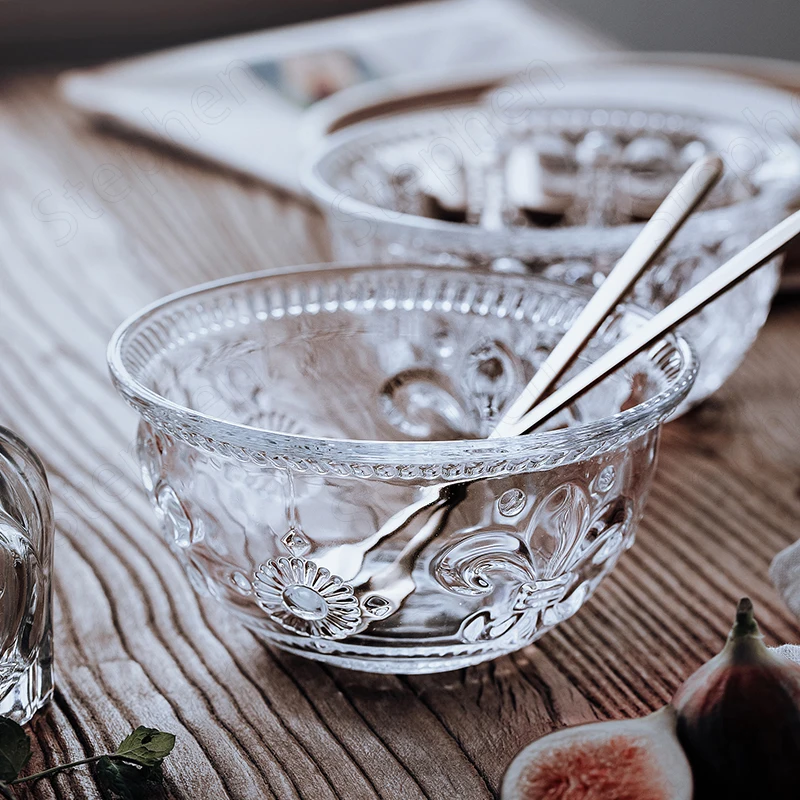 Golden Stroke Relief Craft Salad Bowl European Vintage Transparent Prismatic Glass Fruit Bowls Dessert Cereal Bowl Tableware