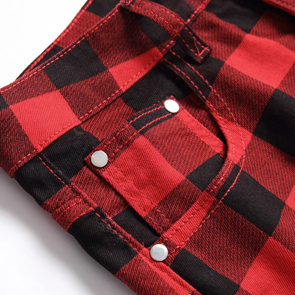 Men Red Plaid Printed Pants Fashion Slim Stretch Jeans Trendy Plus Size Straight Trousers