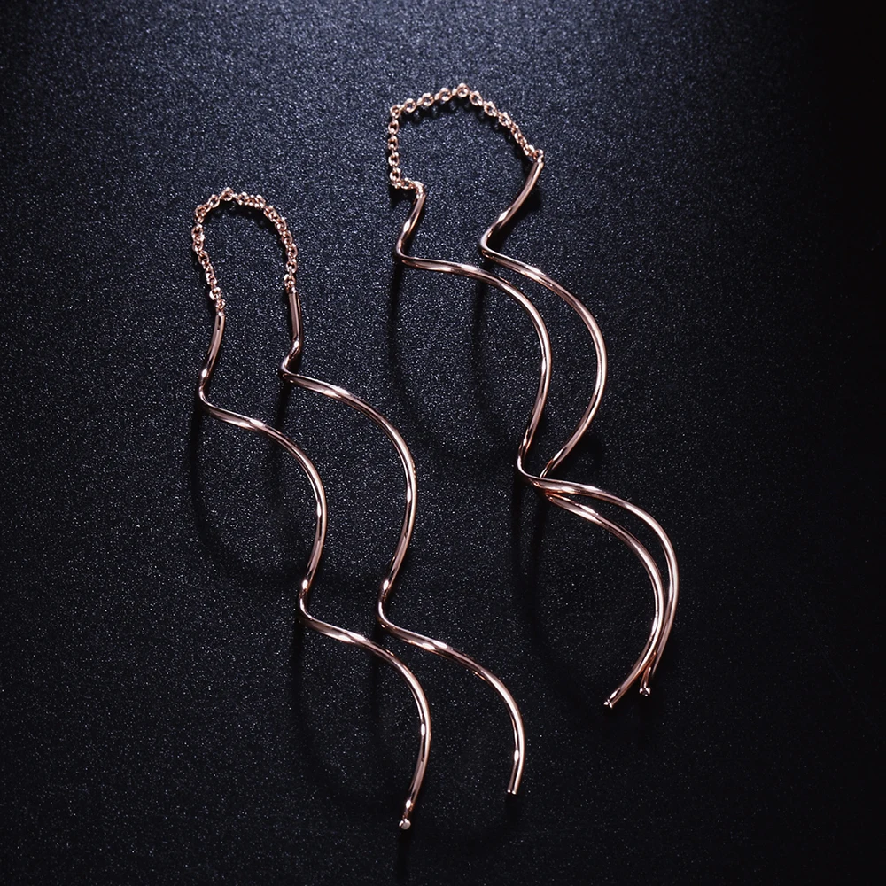 Unique Twisted Long Hanging Earrings for Women Piercing Rose Gold Color Ear Line Chain Fashion Earring for Female Jewelry E243