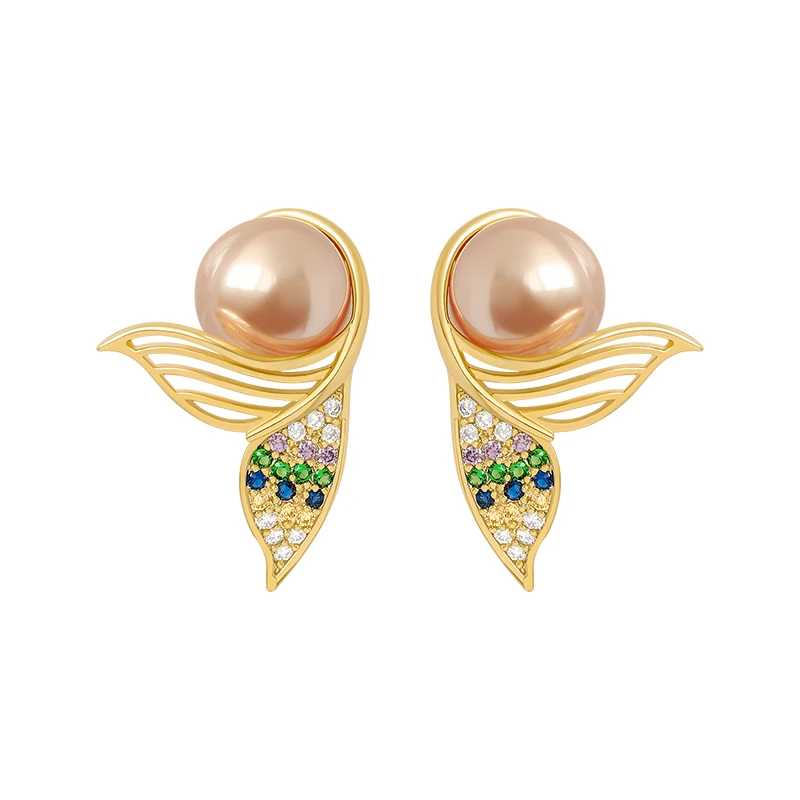 2023 Korean New Fashion Pearl Mermaid Tail Gold Colour Stud Earrings  Simple Exquisite Crystal Statement Earrings Women\'s jewelr
