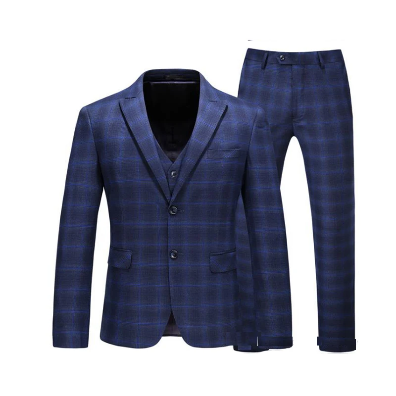 Traje azul de dos botones para hombre, traje de cena de boda, vestido de noche, vestido de fiesta, ropa de novio, 3 piezas (chaqueta + Pantalones + chaleco)