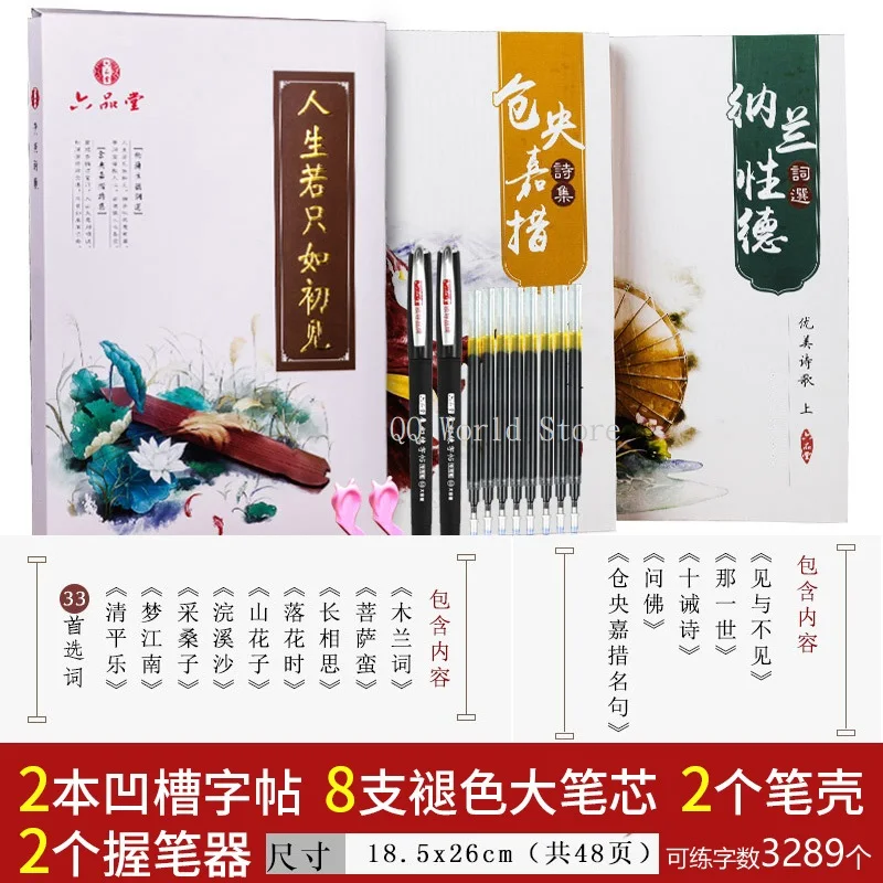 2 Books Chinese Regular Script Adult Love Poetry Calligraphy Auto Dry Repeat Practice Lu Pin Tang 3D Groove Copybook Pen Set