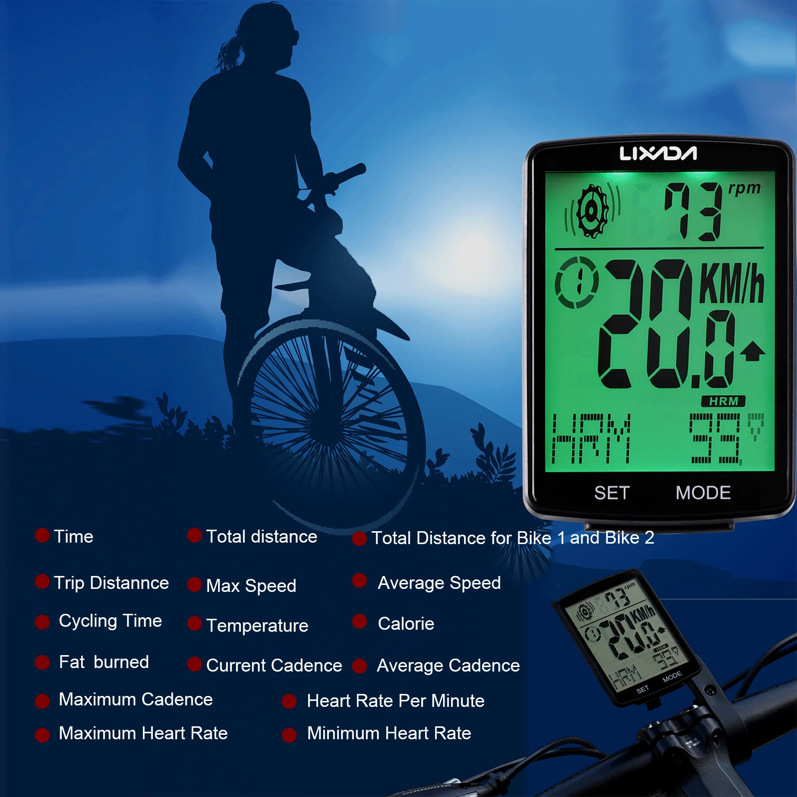 LIXADA Wireless Bike Computer 3 in 1 Multi Functional LCD Screen IPX7 Waterproof with Heart Rate Sensor Cycling Odometer