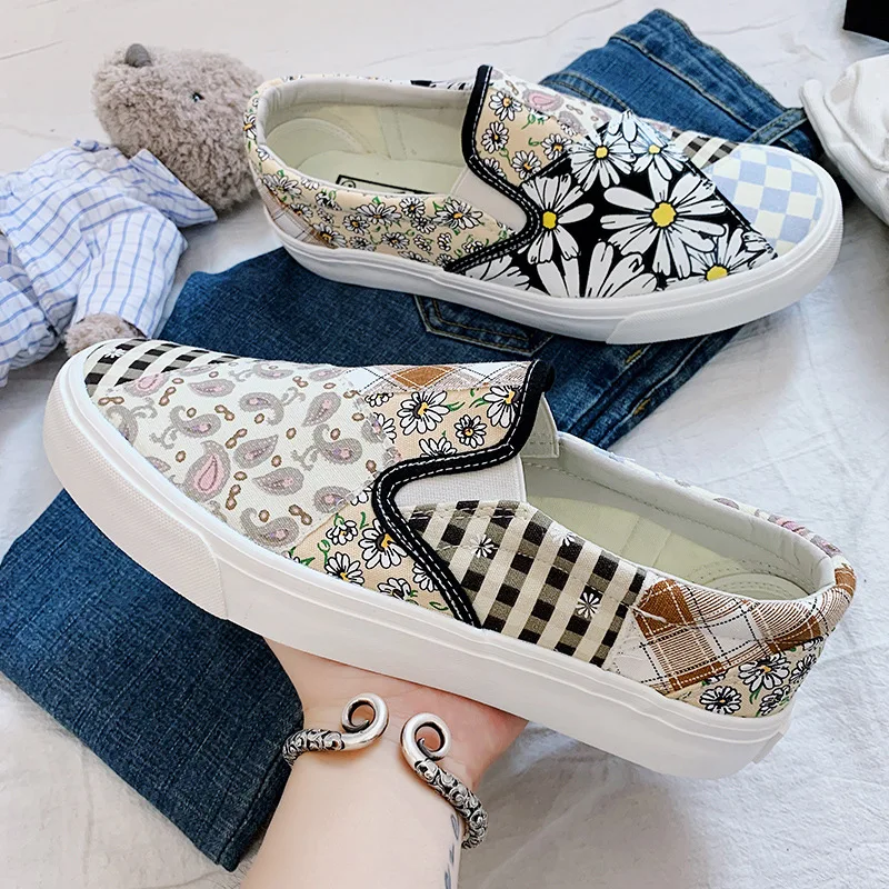 2021 الخريف عشاق قماش الأحذية النسائية المطبوعة مجلس أحذية مخيط منخفضة أعلى الرجال شقة الأحذية الرياضية تنفس أحذية غير رسمية