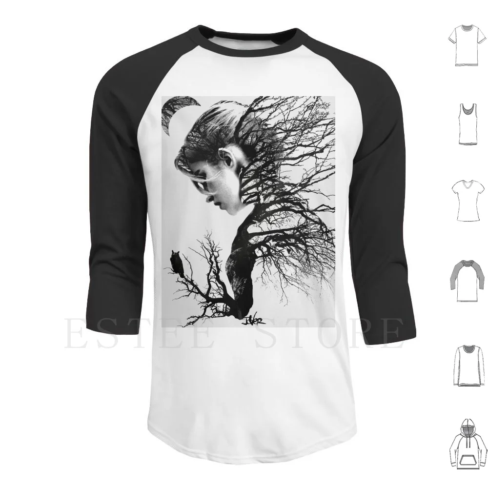 Natures High Hoodies Long Sleeve Jover Loui Jover Tree Branches Owl Womens Face Jover Art Black And White