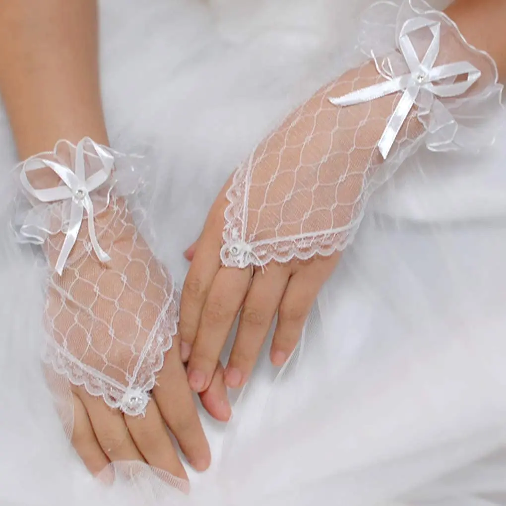 Gants de mariage en dentelle pour femmes, sans doigts, avec strass, avec nœud, blancs, pour mariées et demoiselles d'honneur