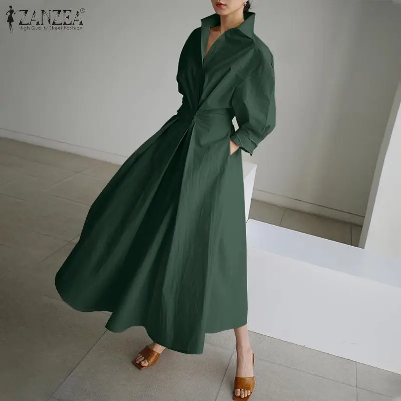 Women Autumn Sundress ZANZEA 2023 Elegant Shirt Dress Solid Long Sleeve Maxi Vestidos Female Casual High Waist Robe Oversize 7