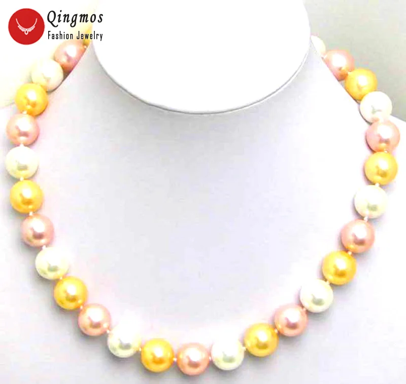 

Qingmos Multicolor Sea Shell Pearl Necklace for Women with 16mm High Luster Round Black Sea Shell Pearl 17" Chokers Jewelry 5125