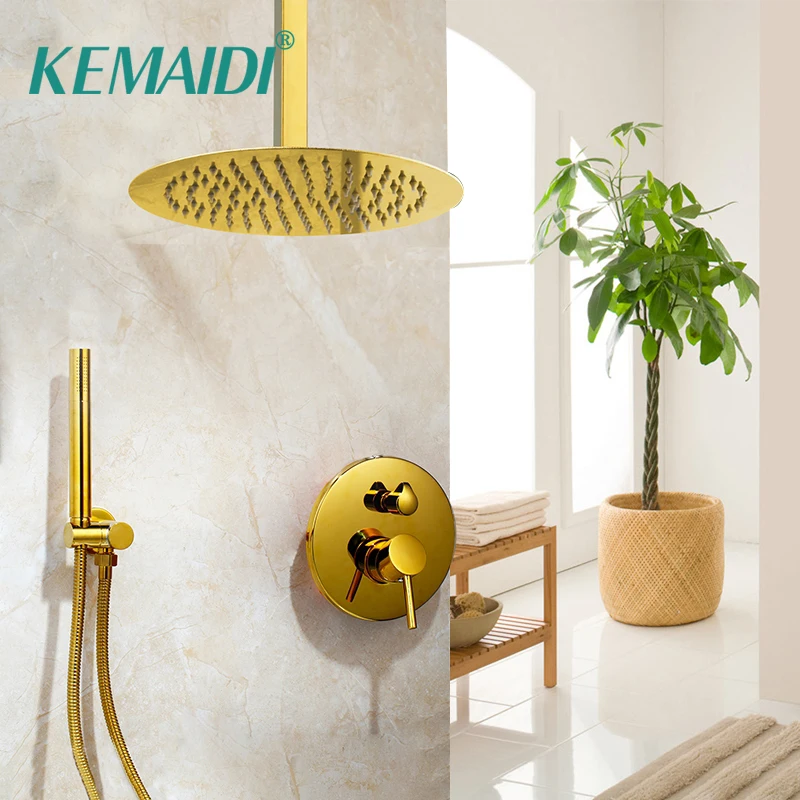 

KEMAIDI Rainfall Golden Shower Faucet Set Ceiling Mounted Single Handle Shower Mixer Tap Square Handshower Concealed Install