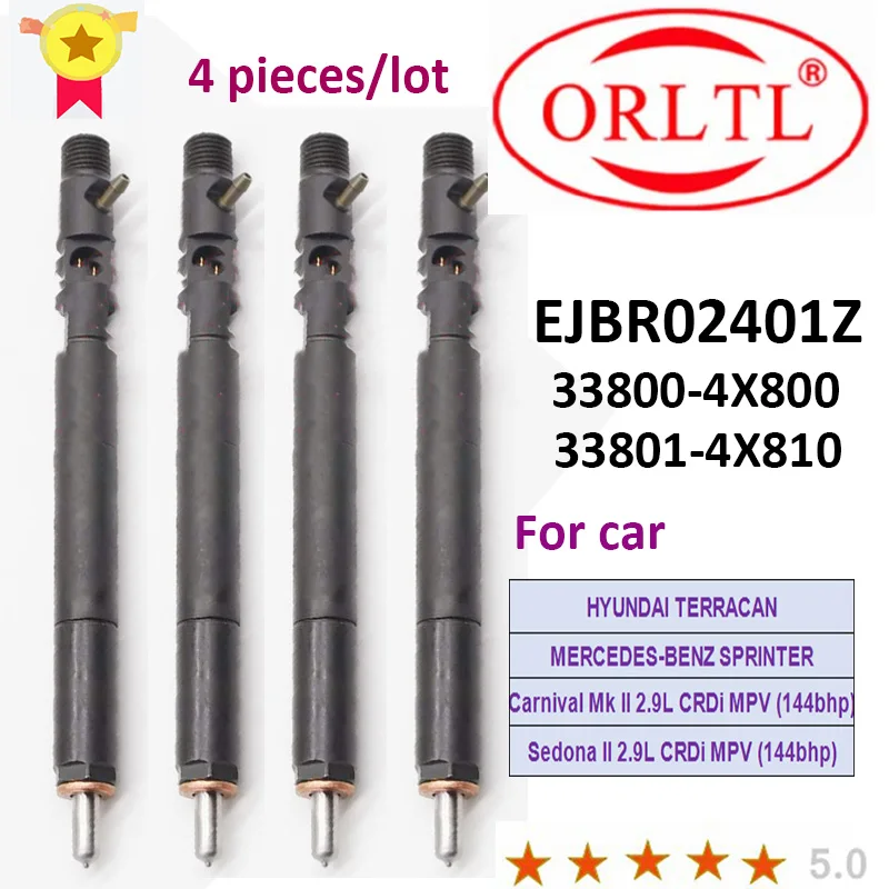 

Diesel Common Rai Injector EJBR02401Z R02401Z 33800-4X800 33801-4X810 FOR HYUNDAI TERRACAN/MERCEDES-BENZ SPRINTER 4 pieces lot