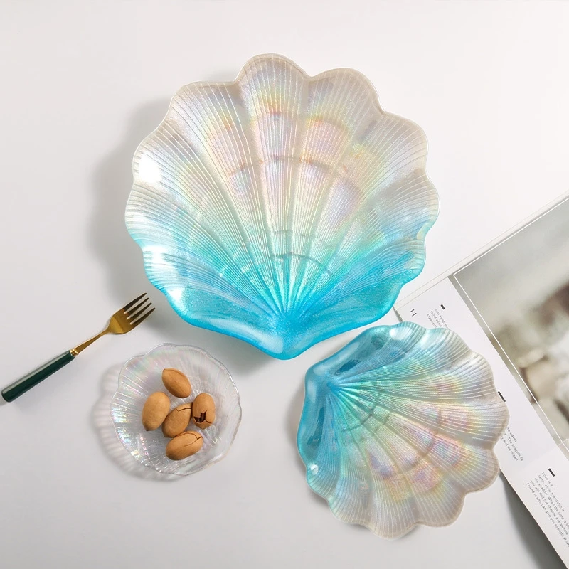 Nordic Blue Sea Shells Decorative Storage Tray, Glass Plate, Jewelry Trinket Dish, Necklace Storage Tray