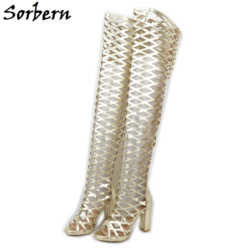 

Sorbern Light Gold Summer Sandals Over The Knee Booty Style Block Heel Open Toe Hollow Out Back Zipper Custom Wide Fit Legs