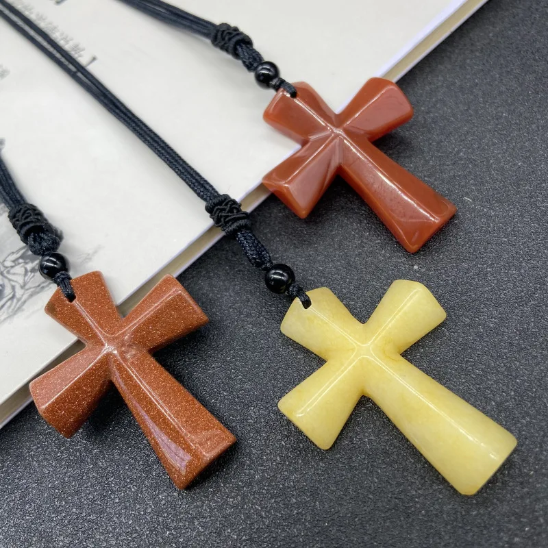 Qimoshi Handmade Natural Carved Gemstone Cross Pendant Necklace for Men & Women with Adjustable Rope Charms Jewelry Girls