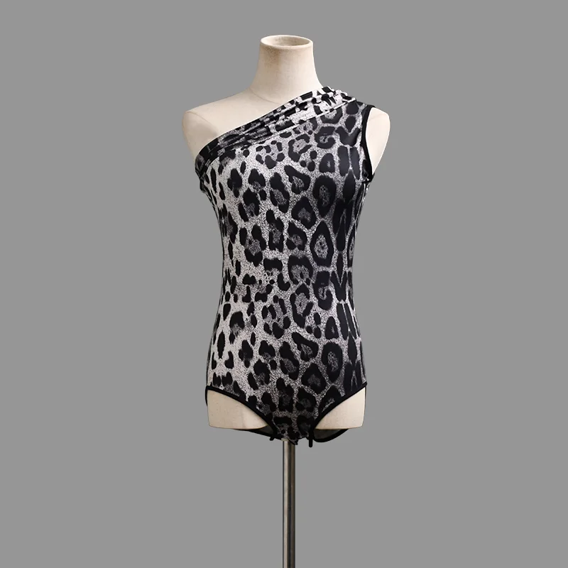 Female Latin Tops Sexy Slanted Shoulder Leopard Bodysuit Ballroom Dance Top Performance Costume Tap Latin Dance Wear Women 897