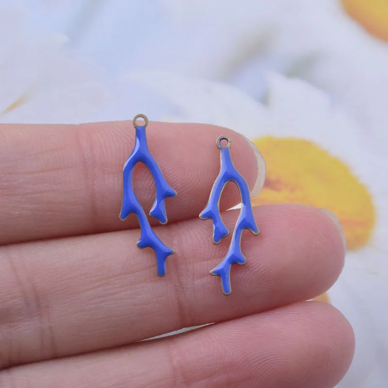 30pcs 22*8mm  Copper Both Sided Enamel Coral Charms Branch Pendant DIY Jewelry Earring Making