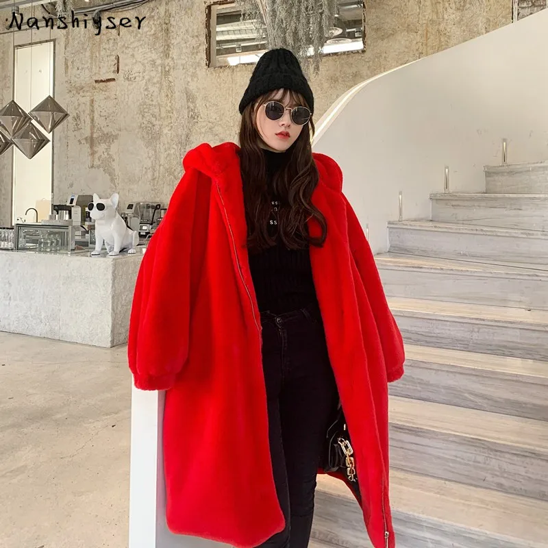 Korean Mid-length Loose Red Hooded Thicken Soft Faux Rabbit Fur Jacket Women Winter Casual Warm Casual Outerwear Female