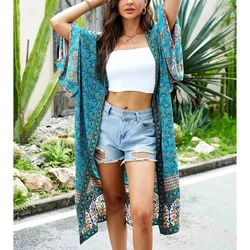 GypsyLady Green Long Kimono Cardigan Blouse Women Vintage Boho Floral Kimono Blouse Flare Sleeve Beach Blouse Bikini Tunic Tops