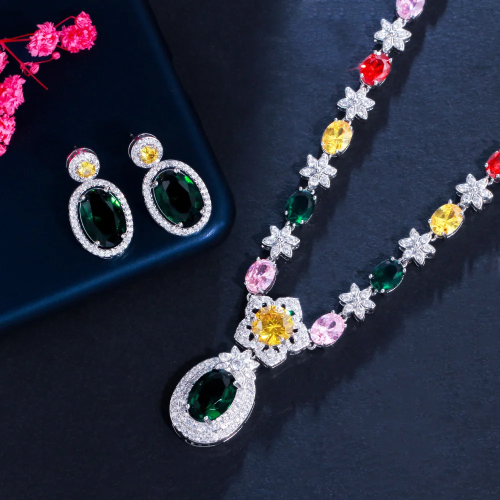 CWWZircons Elegant Engagement Wedding Jewellery Shiny Colorful Flower CZ Bridal Jewelry Set for Women Necklace and Earrings T570