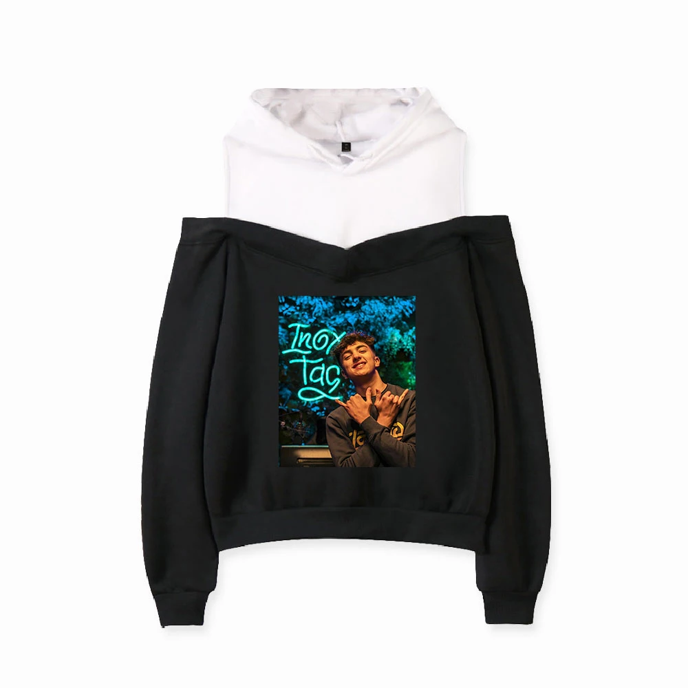 Inoxtag Women Hoodie Sweatshirt Streetwear Hip Hop Long Sleeve Sexy Off Shoulder Fleece Hooded Jacket Casual Sportswear