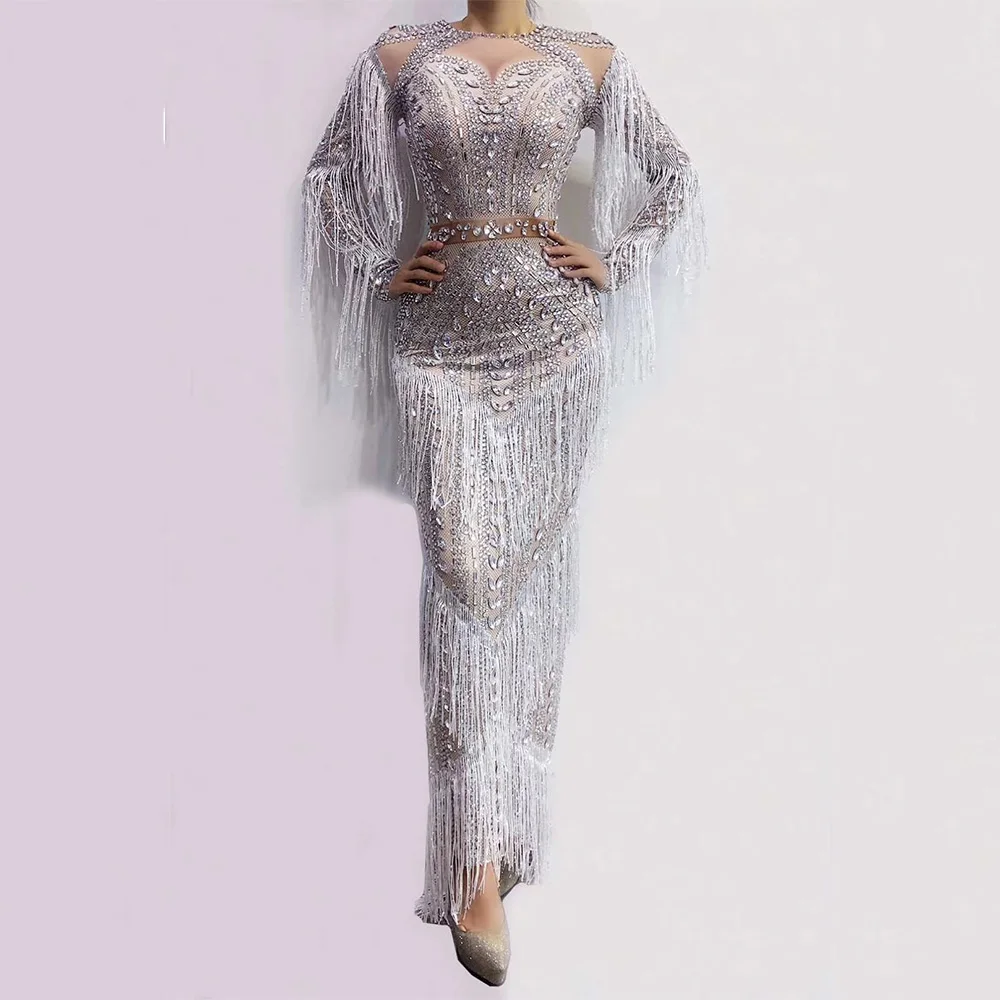 Silver Rhinestones Fringe Dresses Long Sleeve Split Fork Stage Costumes For Singers Women Party Clothing Wear Drag Queen Outfit