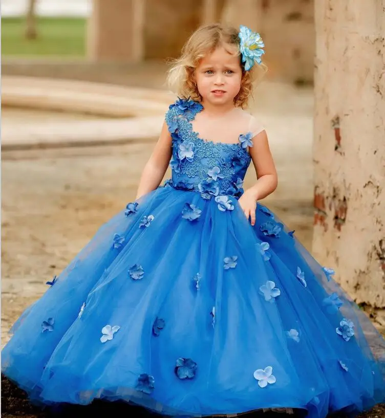 Vestido azul real de manga corta para niña, vestido de primera comunión, longitud hasta el suelo, para bautizo