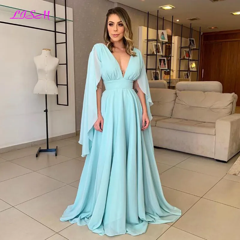 Light Sky Blue Chiffon Mother of the Bride Dresses Deep V-Neck Backless Wedding Party Gowns Long Evening Prom Dress