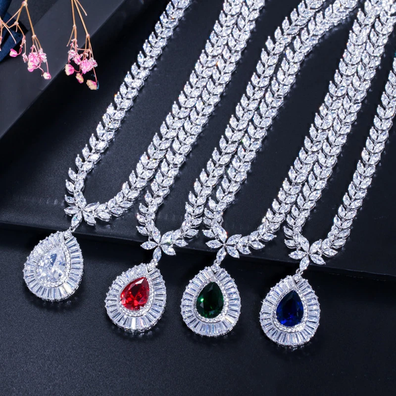 BeaQueen Sparking Royal Blue Cubic Zircon Flower Water Drop Earring Necklace Pendant Sets Dinner Party Jewelry Accessories JS032