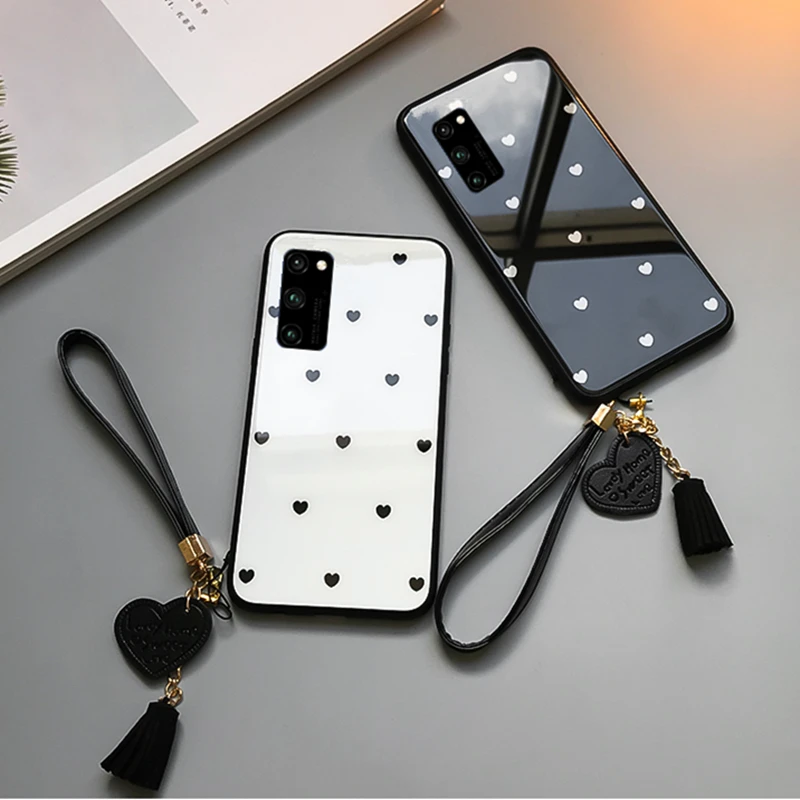 For Samsung Galaxy A71 A51 A50s A71 A70 A03s a50 A30S Case & Free Strap Small Heart Glass Hard protection phone Cover casing