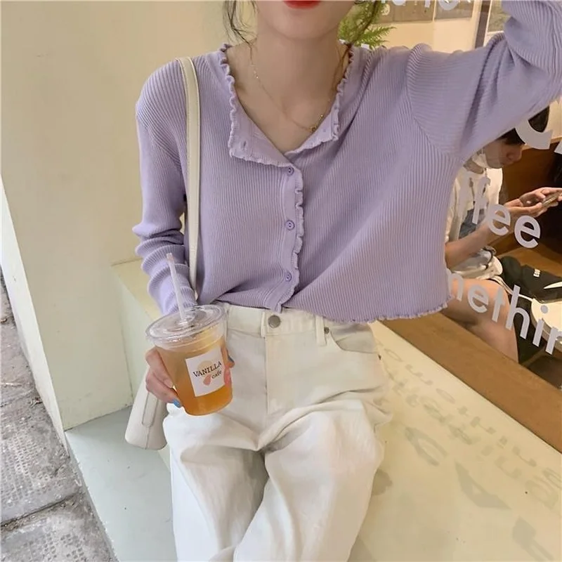 Cardigans Women Solid Trendy Retro Ruffles Lovely Sweet Princess Chic Streetwear Gentle Casual Knitted Crop Tops Sexy Ulzzang