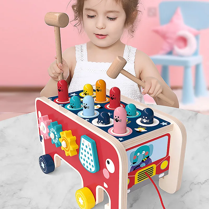 Babytoys Bebe Peuter Kids Houten Leuk Spel Montessori Activiteit Speelgoed Voor Kinderen Olifant Slaan Whack-A-Mole Hamer Beuken