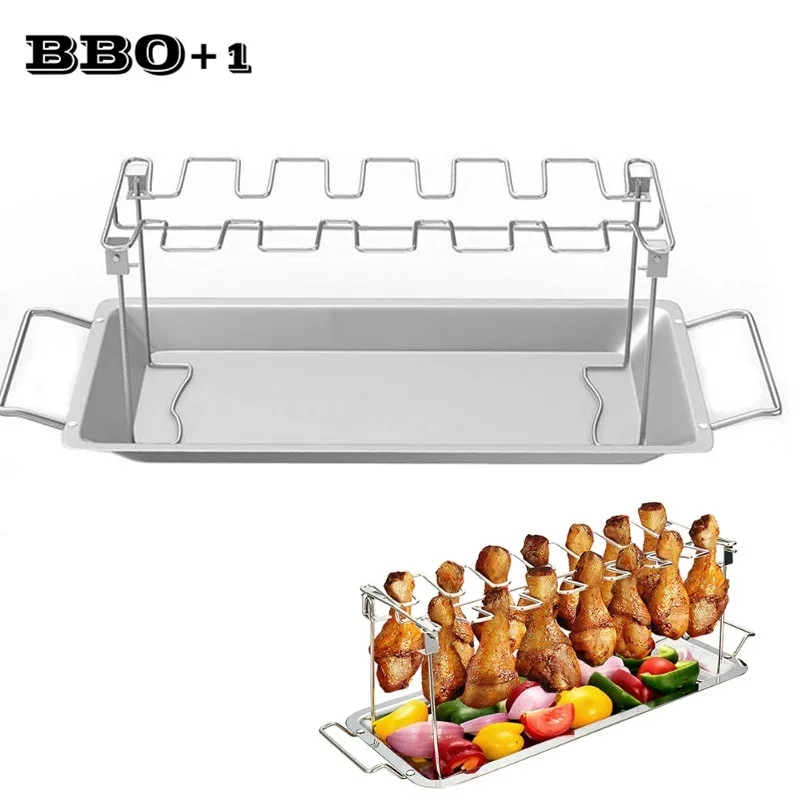 Kip Vleugel Been Rack Met Lekbak Rvs Barbecue Beugel Bbq Gerechten Voor Grill Roker Picknick Houder Koken Gereedschap