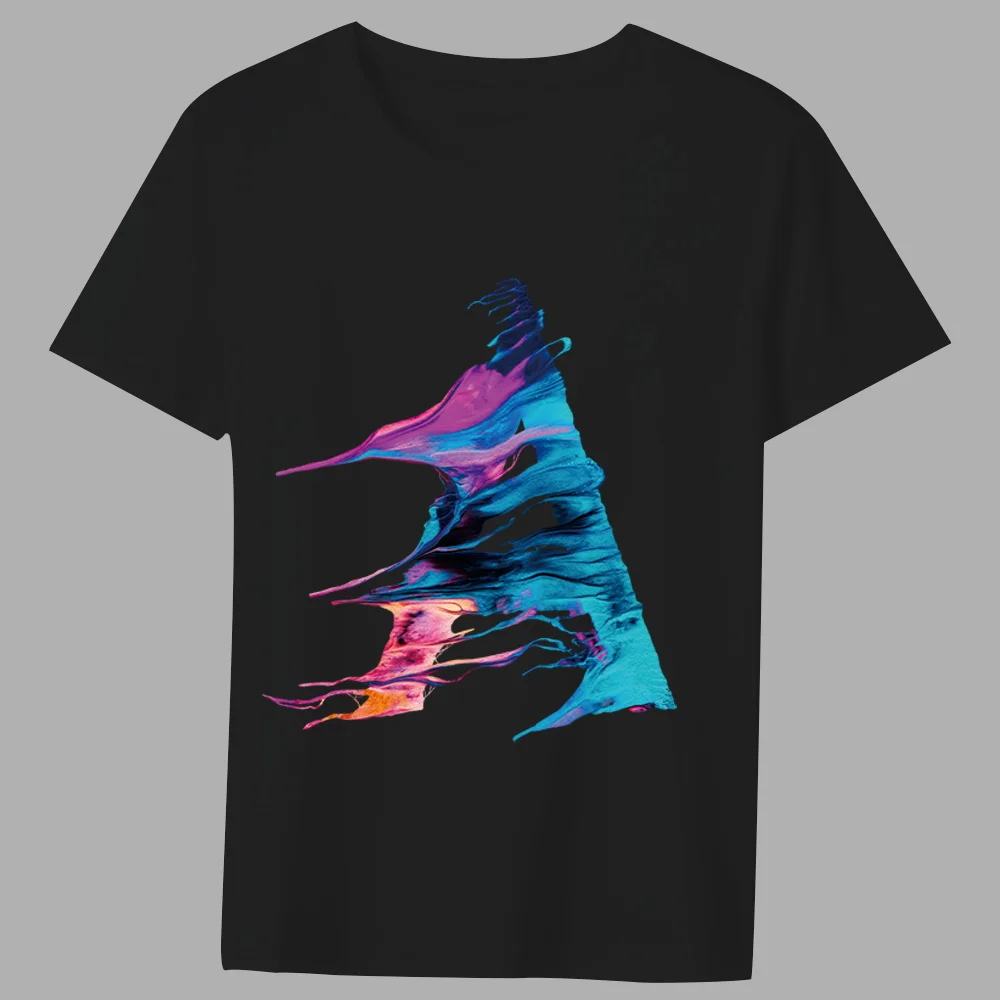Fashion T-shirt Black Men\'s Paint Pattern 26 English Alphabet Paint Hot Stamping Series Casual O-neck Commuter Comfortable Top