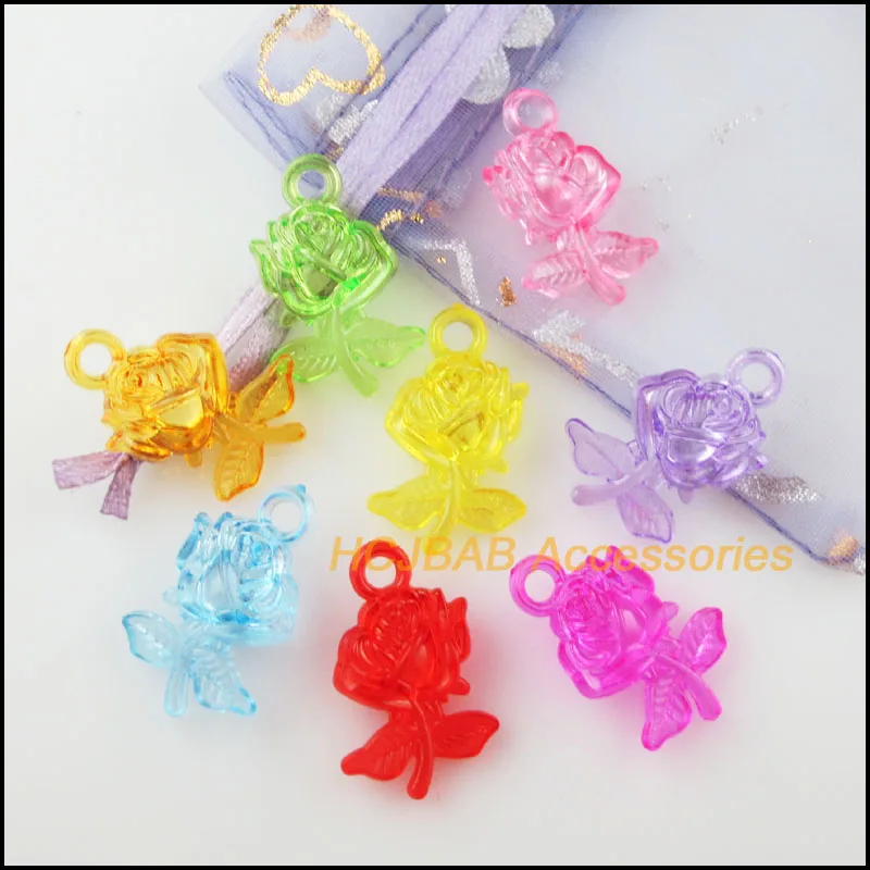 40Pcs Mixed Clear Acrylic Plastic Rose Flower Pendants Charms 17x27mm