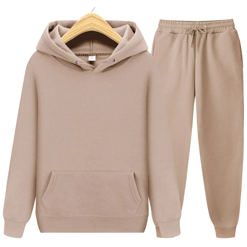 Men Women Tracksuit Hoodies Casual Solid Color Long Sleeve Pullover + Pants Suit Fleece Hooded Sportswear Suit Two Piece Sets