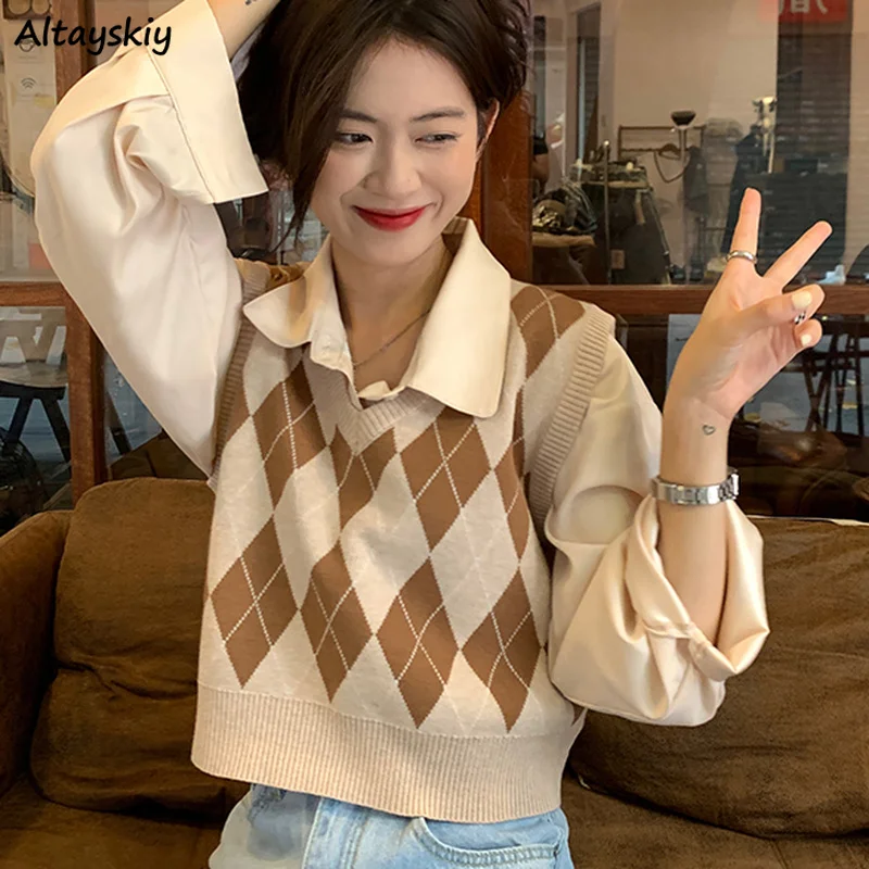 

Argyle Sweater Vests Women Retro New Autumn All-match Fashion Knitting Sleeveless Tops Classic Streetwear V-neck Jk Preppy Style