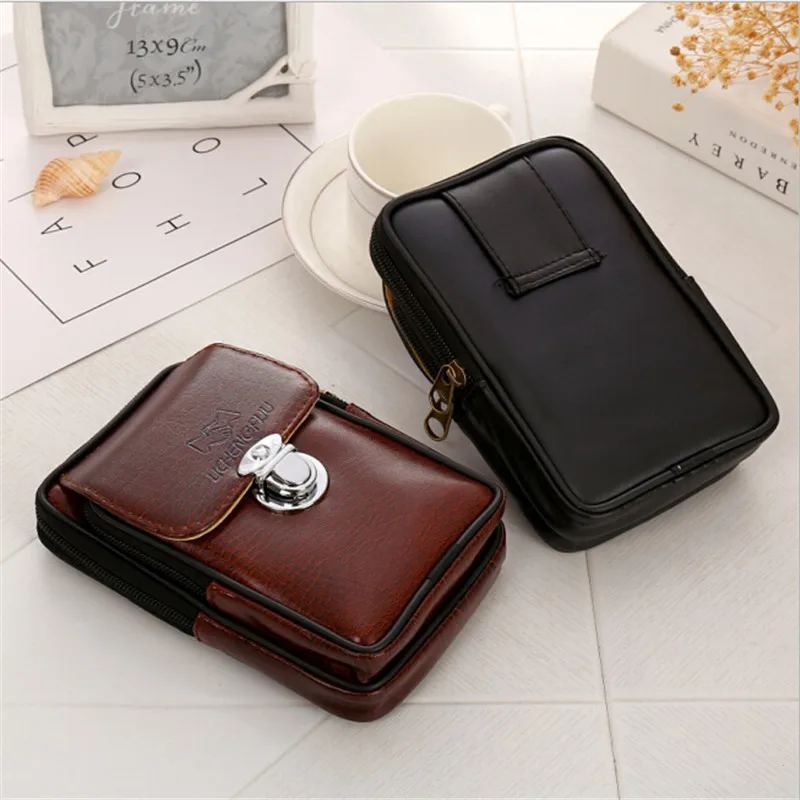 Riñonera de cuero Vintage para hombre, bolso de cintura con cremallera, bolso con Clip para cinturón, bolso de mano para teléfono