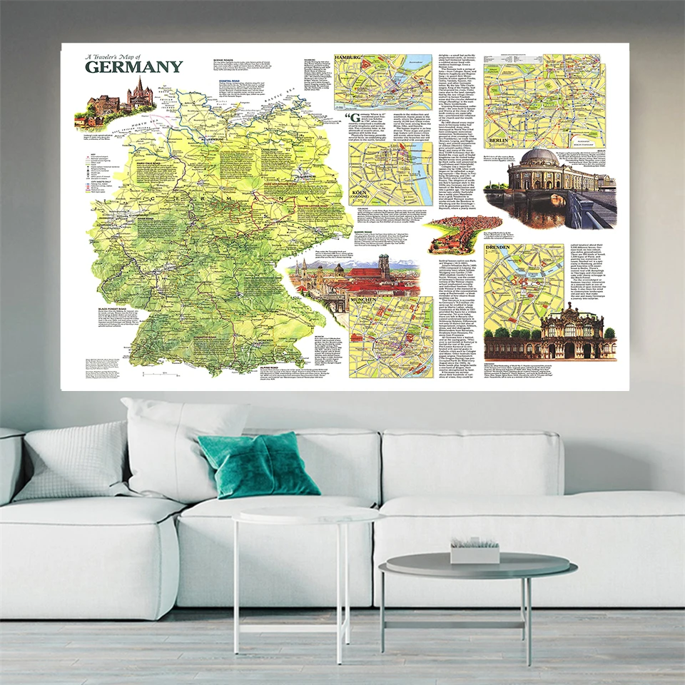 150 * 100 cm Mapa podróży Niemiec w 1991 r. Plakat w stylu vintage Włóknina na płótnie Malarstwo Pokój dzienny Dekoracja domu Artykuły szkolne