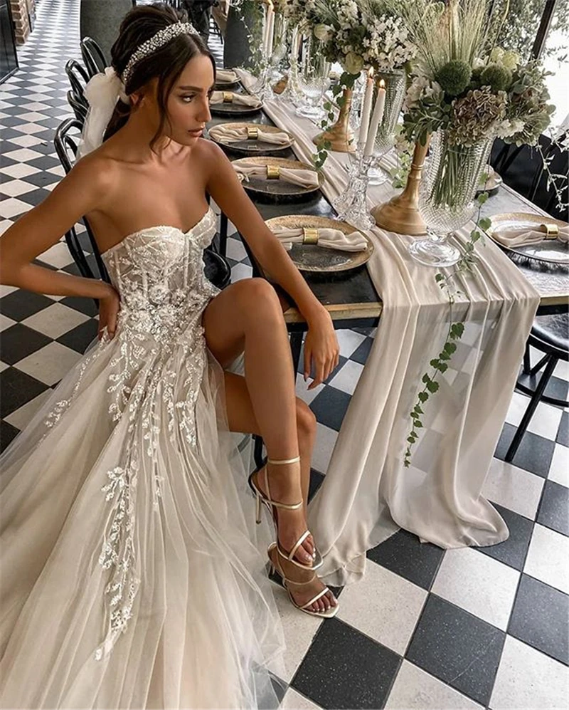 LORIE-Robes de mariée de plage sexy pour la mariée, robe de mariée élégante avec appliques en dentelle, robe de princesse sans bretelles, fibre haute fente, 2024