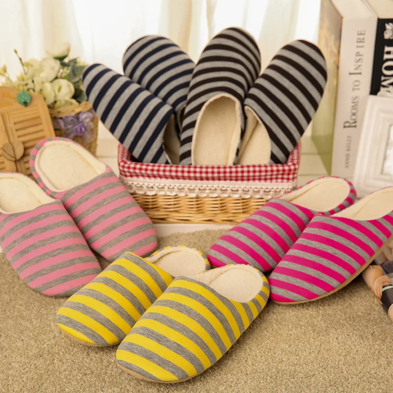 Women Indoor Slippers Short Plush Spring Autumn Flat Shoes Woman Home Bedroom Slides Striped Slip On Female House Floor Slippers