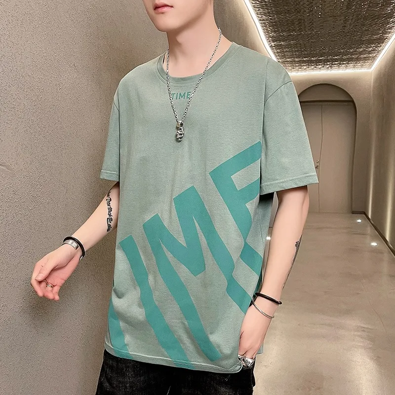 New Style T-shirt Summer All-match Small Fresh Round Neck Men's Short Sleeve Literary Thought Print Handsome Loose Top Clothing