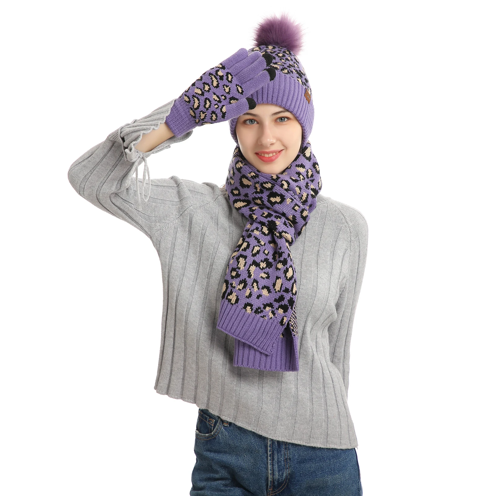 Hat scarf gloves women's hat scarf set winter warm knitted hat scarf set touch screen gloves three piece set