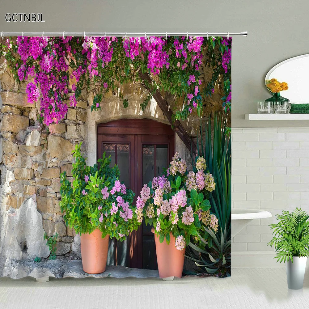 Street Building Scenery Shower Curtain Flower Plant Retro Old Door Summer Rural Landscape Bathroom Curtain Background Wall Decor